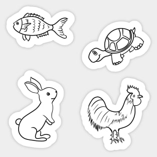 Sticker Pack of 4, fish turtle, rabbit and rooster Sticker